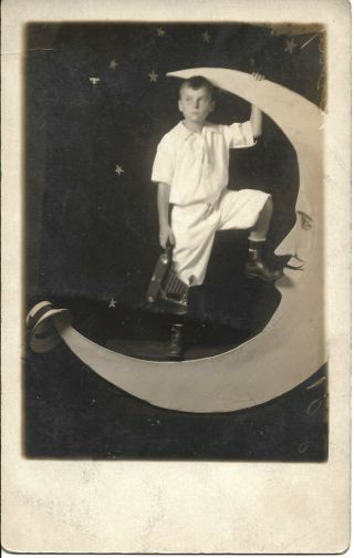 Vintage Postcard - Boy On Paper Moon With Vintage Camera And Hat