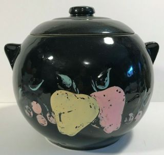 Vintage Antique Stoneware Mccoy Black Cookie Jar Hand Painted Fruit Made In Usa