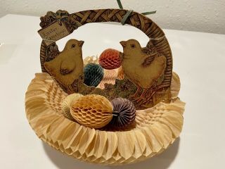 Vintage 1925 Beistle Easter Greetings Basket with Eggs Honeycomb Tissue Art 2