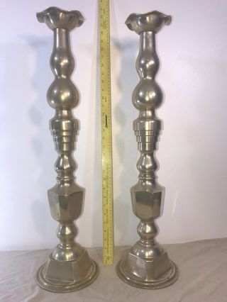 Vintage Pair Solid Brass Large Candlestick Holders 27” Tall,  15 Lbs Of Brass