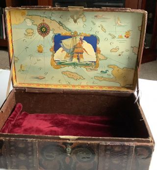 Vintage Doll Travel Trunk,  Map Of Caribbean Lining