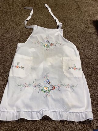 Vintage White Full Bib Apron Embroidered Butterflies Tie Waist & Neck