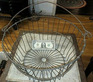 Vtg Antique Primitive Metal Wire Egg Gathering Basket With Bail Handle