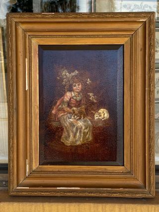Fine Antique Victorian Oil On Board Unusual Portrait Of A Girl With Rabbits