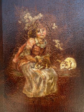 FINE ANTIQUE VICTORIAN OIL ON BOARD UNUSUAL PORTRAIT OF A GIRL WITH RABBITS 2