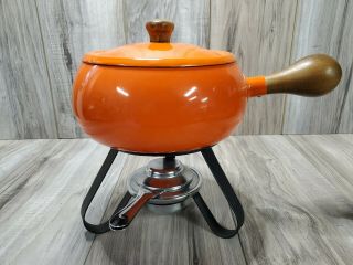 Vintage Mcm Orange Enameled Steel Fondue Pot