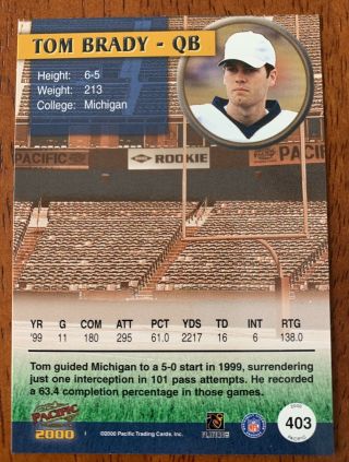 2000 Pacific Tom Brady 403 rookie card - Patriots 2