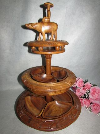 Vintage Hand Carved Wooden Wood 3 Tier Lazy Susan Centerpiece Man On A Buffalo