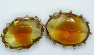 2 Vintage Gold Tone Faceted Amber Glass Pin Brooches