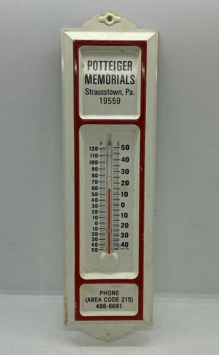 Vintage Potteiger Memorials Strausstown,  Pa.  Advertising Tin Metal Thermometer
