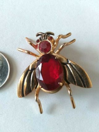 Vintage Coro Pegasus Ruby Garnet Red Rhinestone Fly Insect Bug Bee Pin Brooch