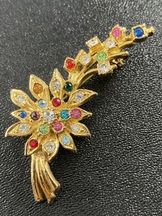 Vintage Brooch Pin 2.  5” Gold Tone Flower Colorful Crystal Rhinestones Lot1