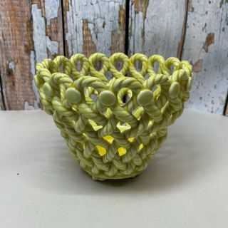 Vintage Yellow Woven Rope Ceramic Pottery Basket Planter Footed.  Spain?