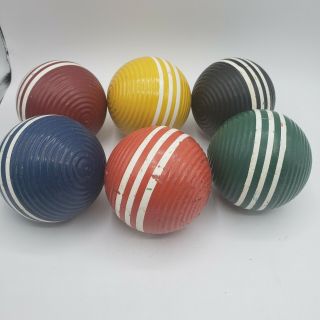 Set Of 6 Vintage 3 Striped Ribbed Croquet Balls Wood