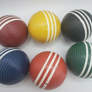 Set of 6 Vintage 3 Striped Ribbed Croquet Balls Wood 3