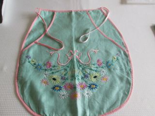 Vintage Hand Embroidered Green Linen Apron Vgc
