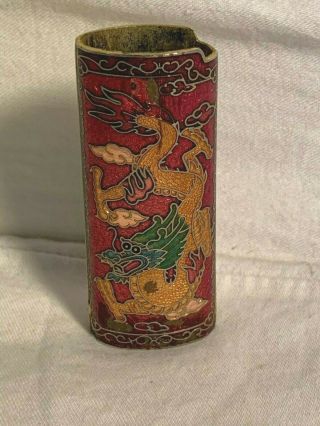 Vintage Cloisonne Enamel Brass Asian Dragon Cigarette Lighter Cover Case Sleeve