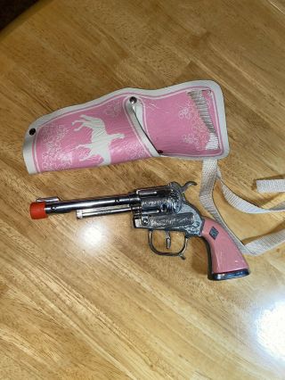 Vintage Halco Metal Die Cast Toy Cap Gun Pistol Pink Handle Pop Gun Holster