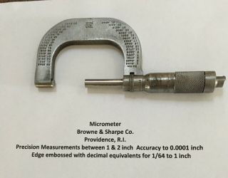Vintag Brown & Sharpe 1 - 2 " Micrometer Accuracy To.  0001 Inch Edge Embossed