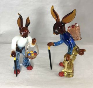 Two Vintage Annealed Glass Easter Bunny Rabbits With Eggs And Baskets Bimini?