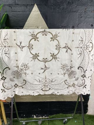 Vintage 1970s Cotton Embroidered Table Cloth With Floral Crochet