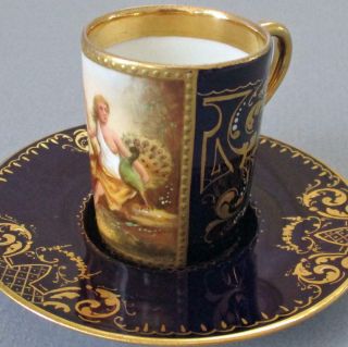 Antique Royal Vienna Hp Porcelain Demitasse Cup,  Saucer Maiden Peacock Gilt Trm