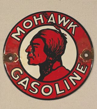 Vintage Mohawk Indian 4” Porcelain Sign Car Gas Oil Gasoline Automotive