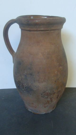 Large Early 19th C Redware Pitcher,  10 1/2 " High W.  Glazed Interior