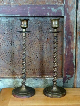 2 Tall 10 1/2 " Antique Brass Spiral Barley Twist Candlesticks Candle Holders Set