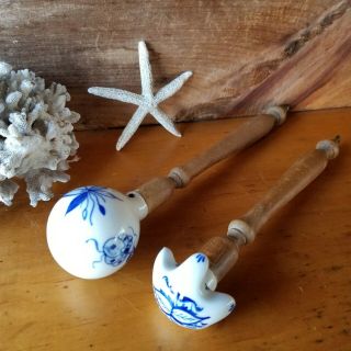 2 Antique Meissen Blue Onion Porcelain Wooden Handle Muddler Mashers No Mark