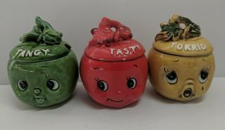 Vintage Enesco Anthropomorphic Apple Jelly Jar Condiment Set Pre - Owned