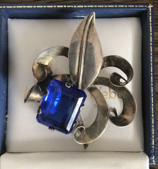 Vintage Antique Jewellery - Large Sterling Silver Brooch With Blue Stone