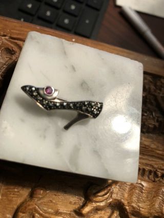 Sterling Silver,  Vintage,  High Heel Shoe Pin Brooch With Red Rhinestone