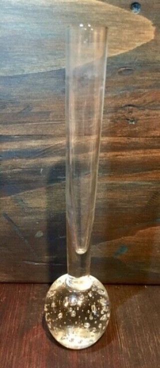 Vintage 8 " Clear Glass Bud Vase Controlled Bubble Round Base Art Glass