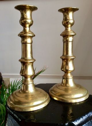 Antique Georgian Pair Brass Candlesticks,  Push Up Candle Holder,  Church Salvage