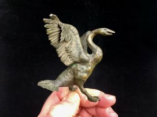 Small Vintage Cast Bronze Goose Sculpture Signed Dated Outstretched Wings