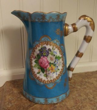 Vintage Imperial Peinte A La Main (hand Painted) Small Teal Floral Pitcher