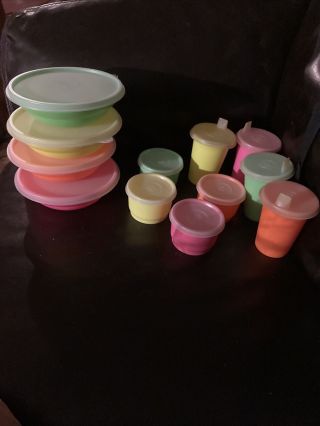 Vtg Tupperware Neon Cereal Bowls,  Sippy Cups And Cereal Cups Set 12