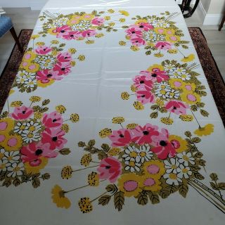Large Vintage Multi - Colored Floral Cotton Tablecloth Signed Vera 17