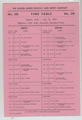 1962 Ogden Union Railway And Depot Company Depot Timetable 320
