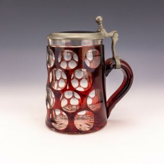 Antique Bohemian Glass - Ruby Overlaid Stein - With Pewter Mounts