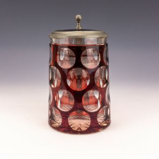 Antique Bohemian Glass - Ruby Overlaid Stein - With Pewter Mounts 2
