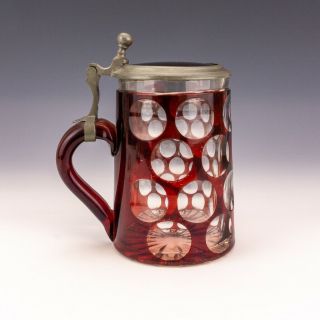 Antique Bohemian Glass - Ruby Overlaid Stein - With Pewter Mounts 3