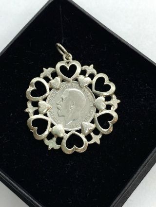 Antique George V Sterling Silver 1918 Mounted Ornate Coin Pendant