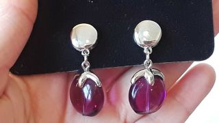 Vtg.  Crown Trifari Aubergine Purple Lucite Bead Dangle Clip Earrings Silver Tone