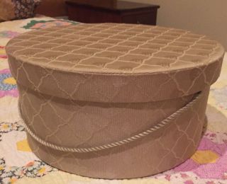 Vintage Hat Box / Tan Gold Fabric With Heavy Duty White Cardboard Lining