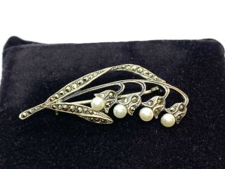 Antique Art Deco Sterling Silver Marcasite Faux Pearl Lily Of The Valley Brooch