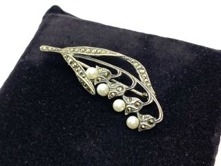 Antique Art Deco Sterling Silver Marcasite Faux Pearl Lily of the Valley Brooch 2