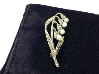 Antique Art Deco Sterling Silver Marcasite Faux Pearl Lily of the Valley Brooch 3