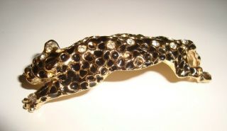 Vintage Rhinestone And Black Enamel Cheetah Leopard Shoulder Brooch Pin 2.  75 "
